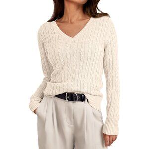 Soft Cream Women's Cable Knit V-Neck Pullover - Perfect for Any Occasion